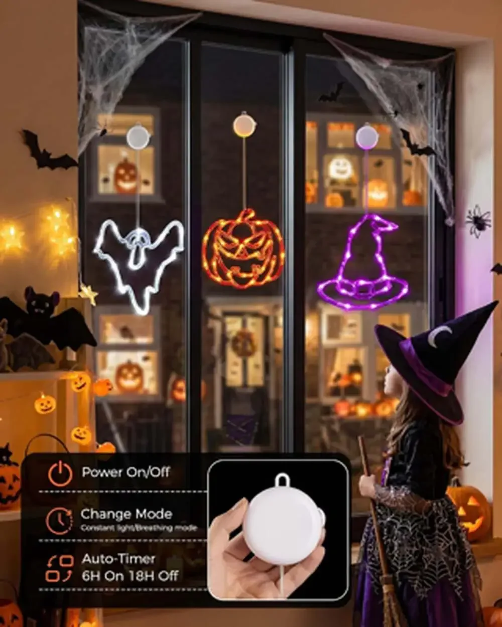 Halloween Window Lights 3 Pack Pumpkin Ghost Hat Battery Operated with Timer